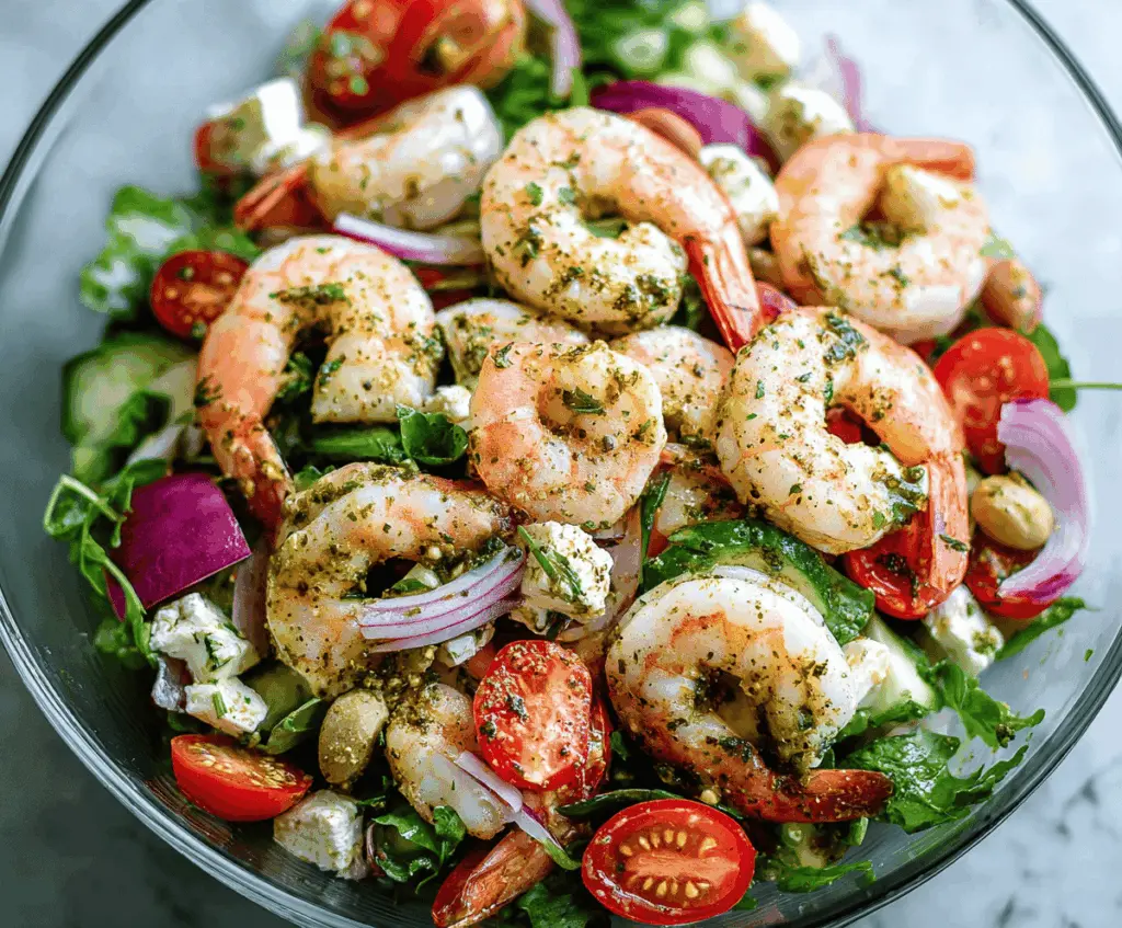 Fresh Italian Olive Oil Shrimp Salad with vibrant greens and cherry tomatoes, perfect for a light healthy meal.