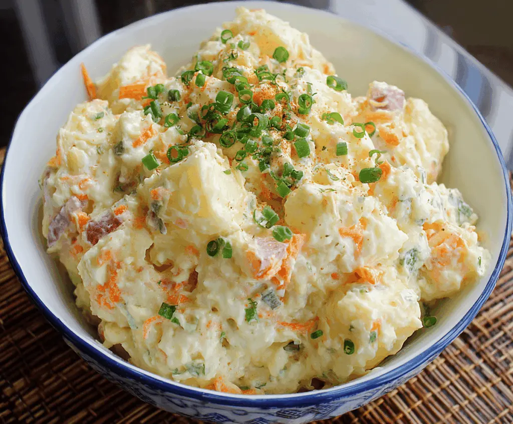 Creamy Japanese Potato Salad with cucumbers and carrots garnished with fresh herbs