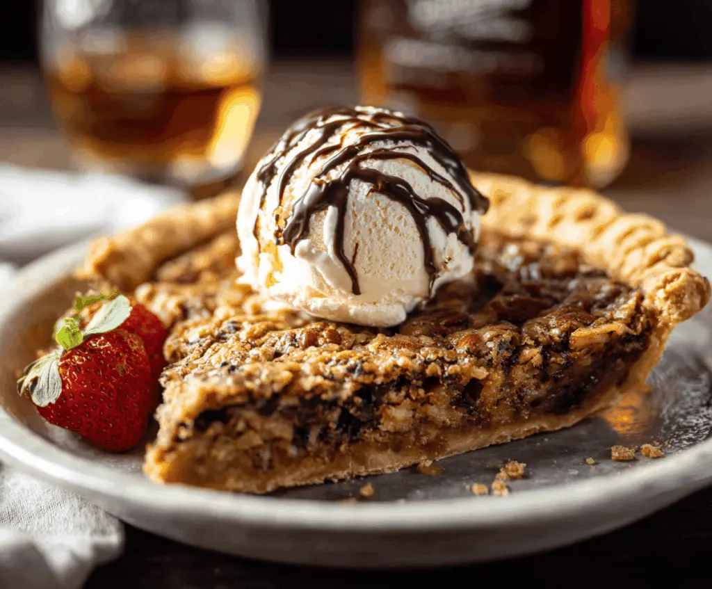 Delicious Kentucky Derby Pie with chocolate chips and pecans in a baking dish.