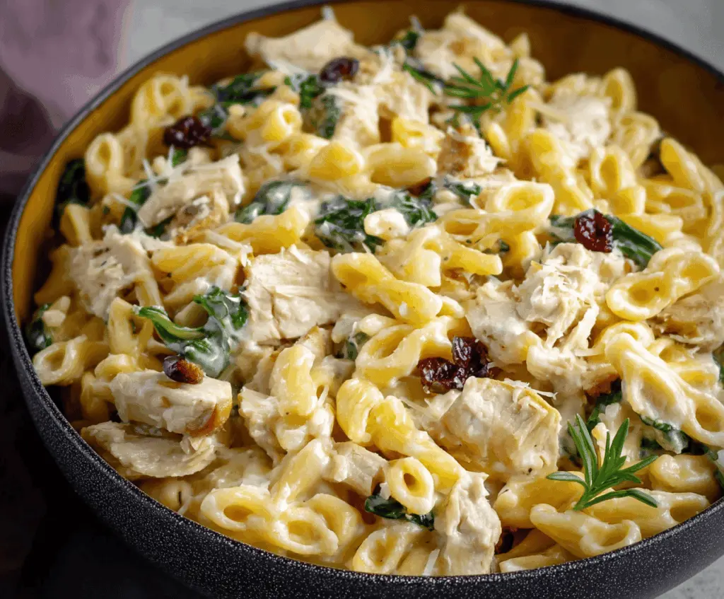 Delicious leftover Thanksgiving turkey pasta served on a plate with herbs.