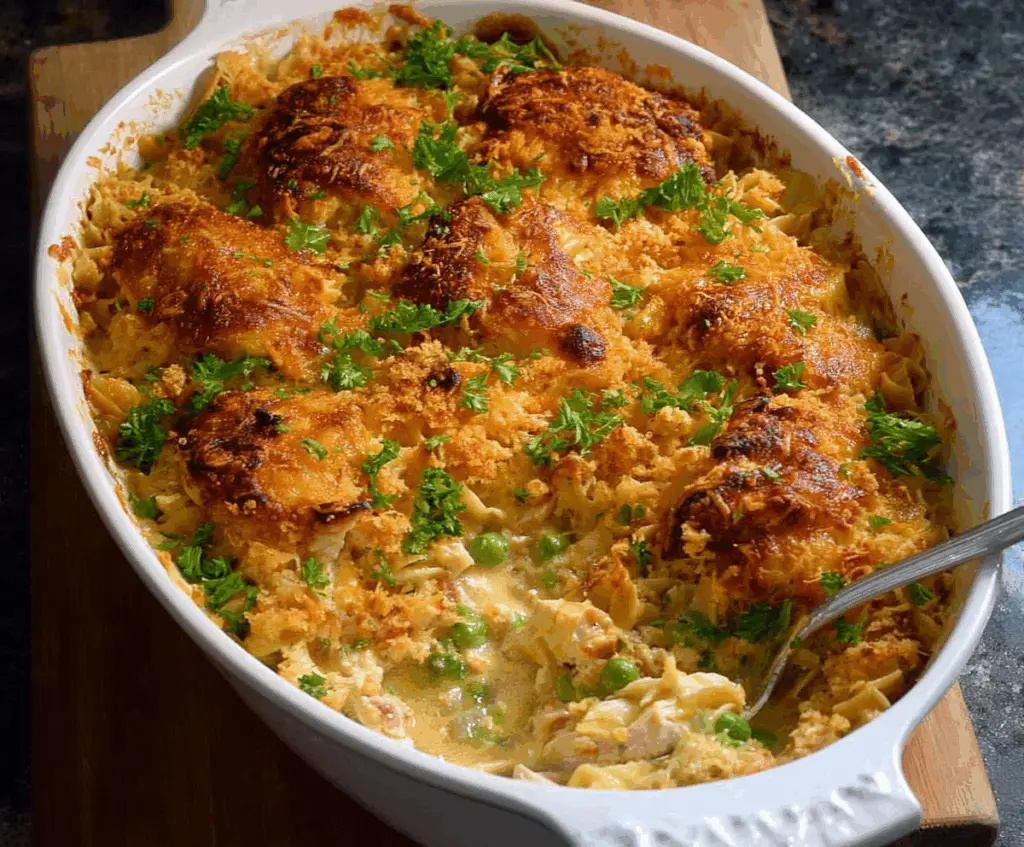 Delicious Neiman Marcus Chicken Casserole served in a baking dish, featuring a golden, cheesy crust and tender chicken pieces.