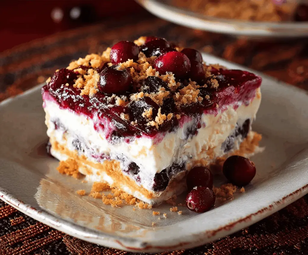 Delicious No-Bake Cranberry Yum Yum dessert garnished with fresh cranberries and mint, perfect for holiday gatherings.