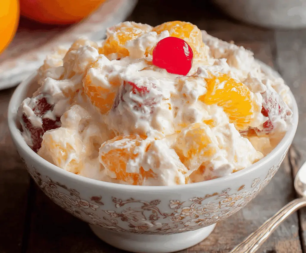 Creamy Old-Fashioned Ambrosia Salad with pineapple, maraschino cherries, coconut, and whipped cream in a vintage bowl.