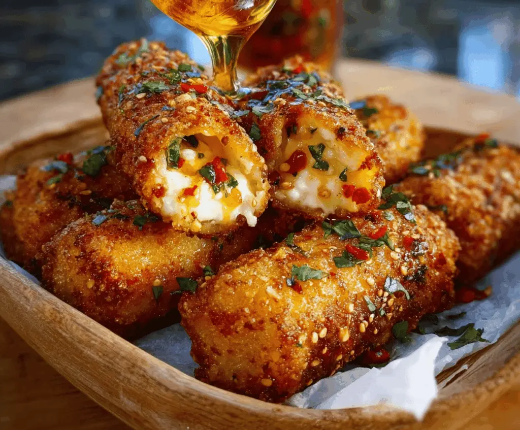 Delicious Oven Fried Feta Rolls drizzled with Chili Honey on a white plate.