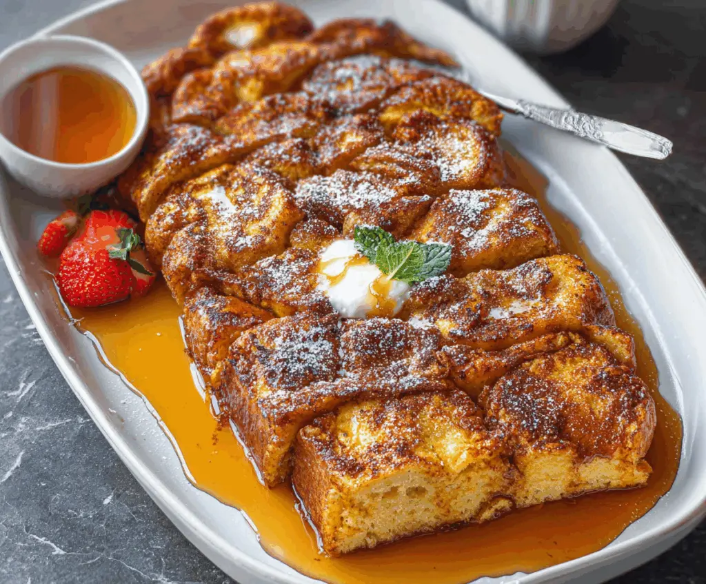 Delicious overnight brioche French toast topped with fresh berries and powdered sugar.
