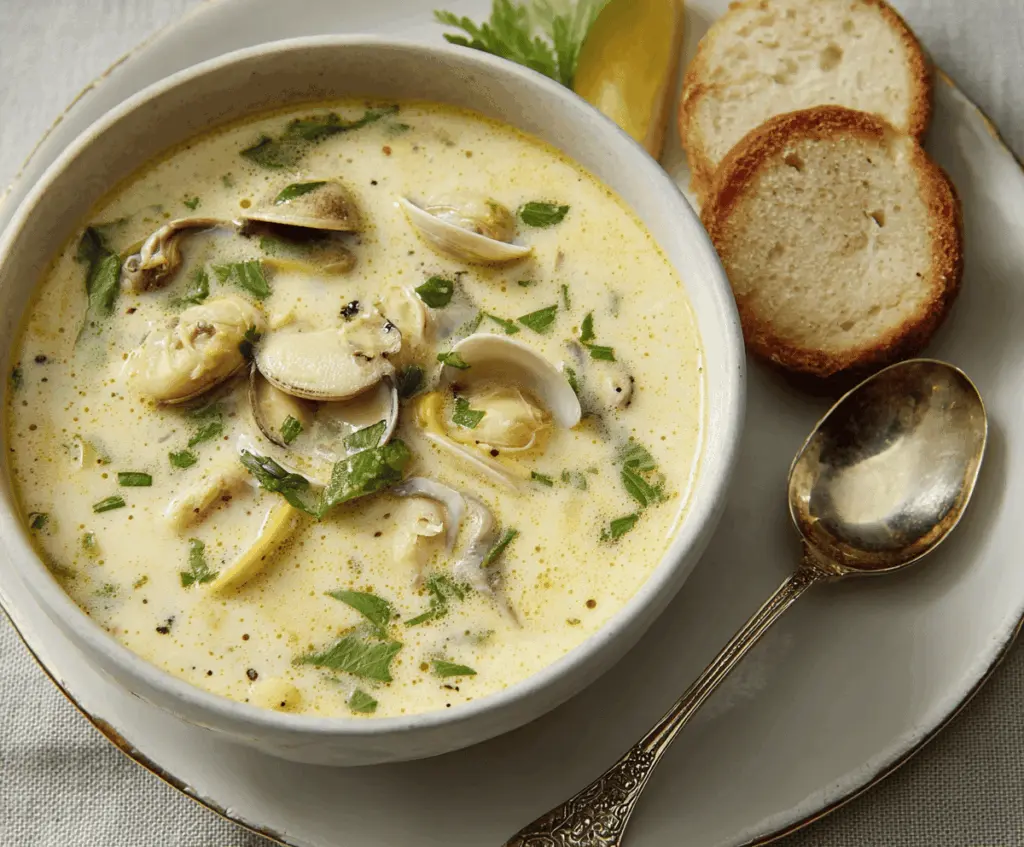 Delicious oyster stew in a rustic bowl with fresh herbs, perfect for a comforting seafood meal.