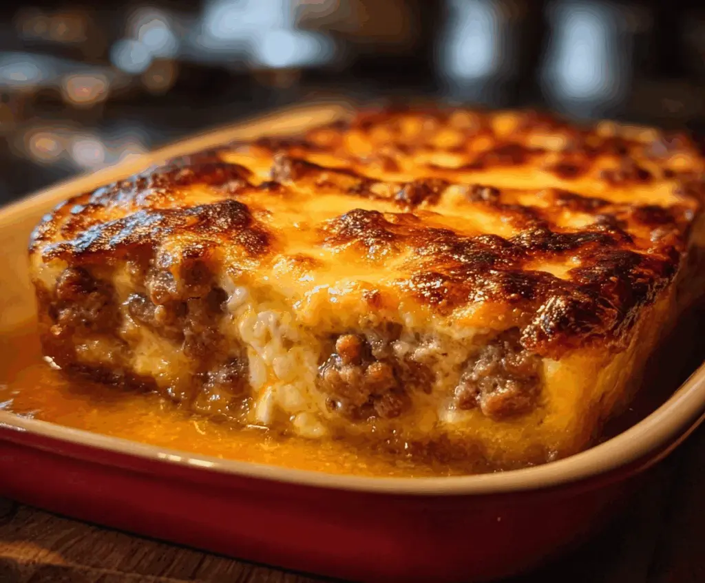 Delicious Pancake Sausage Casserole with golden-brown pancakes, savory sausage, and melted cheese served in a dish.