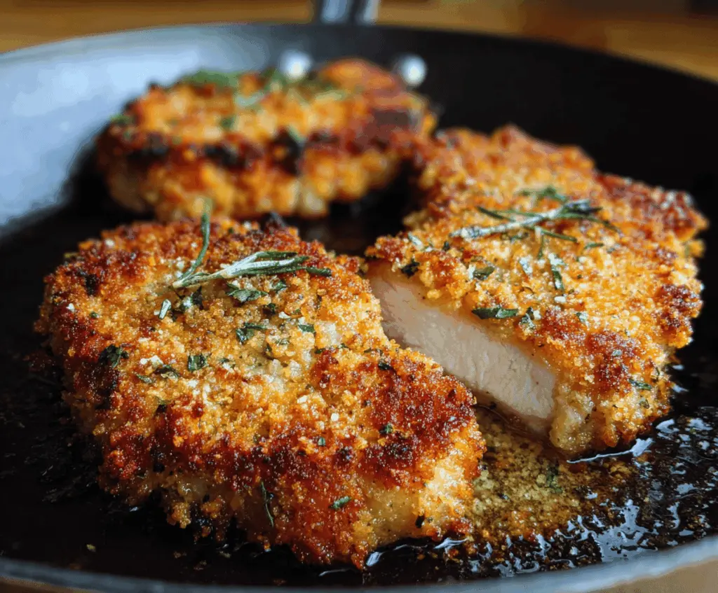 Delicious Parmesan Crusted Pork Chops served with fresh herbs on a white plate.