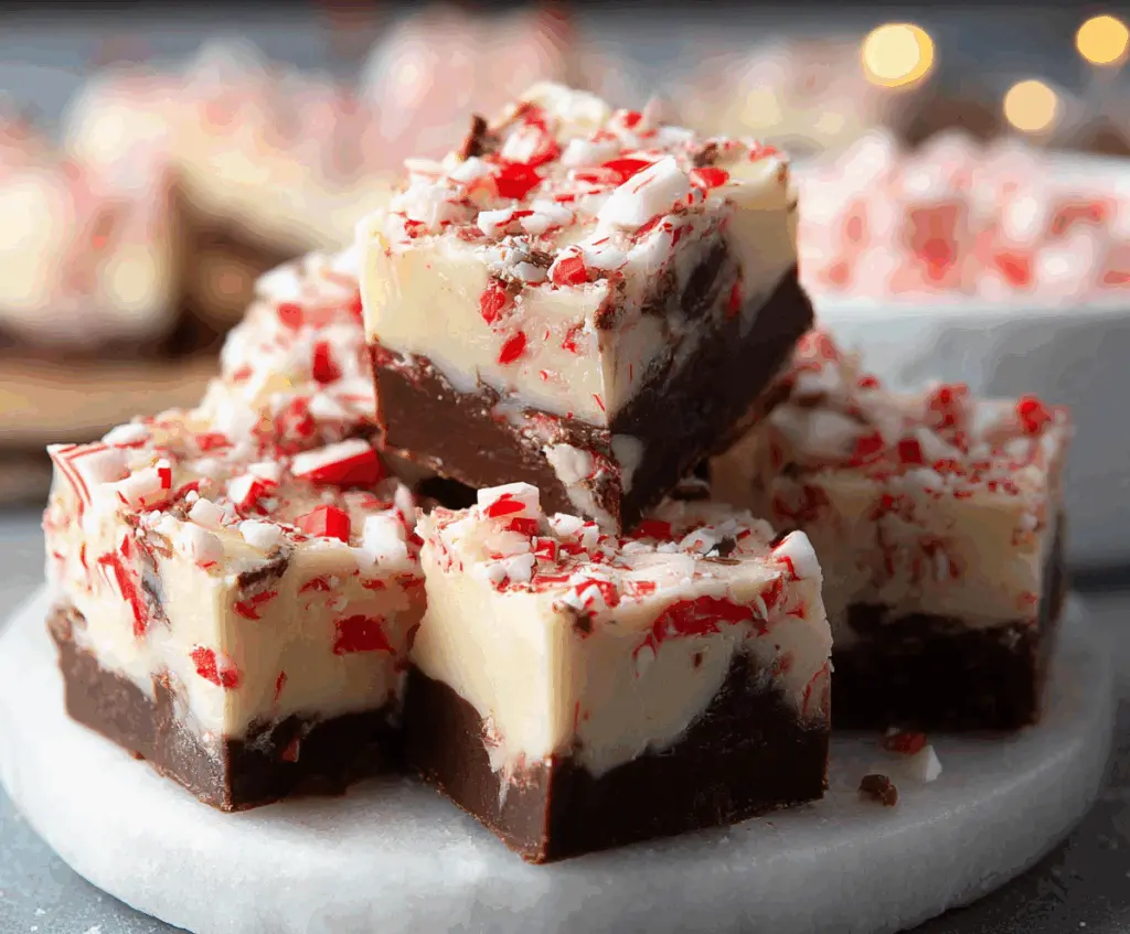 Delicious peppermint bark fudge with a festive holiday presentation and rich chocolate layers topped with crushed peppermint candies.