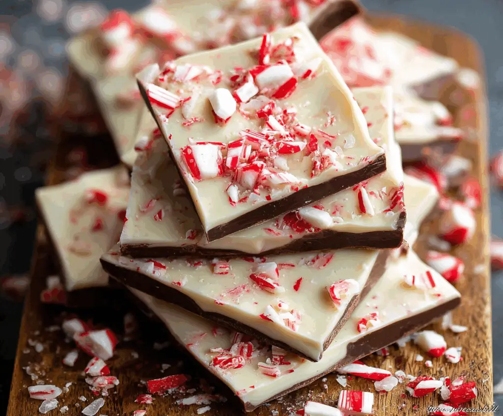 Delicious homemade peppermint chocolate bark with festive peppermint candies and rich dark chocolate.
