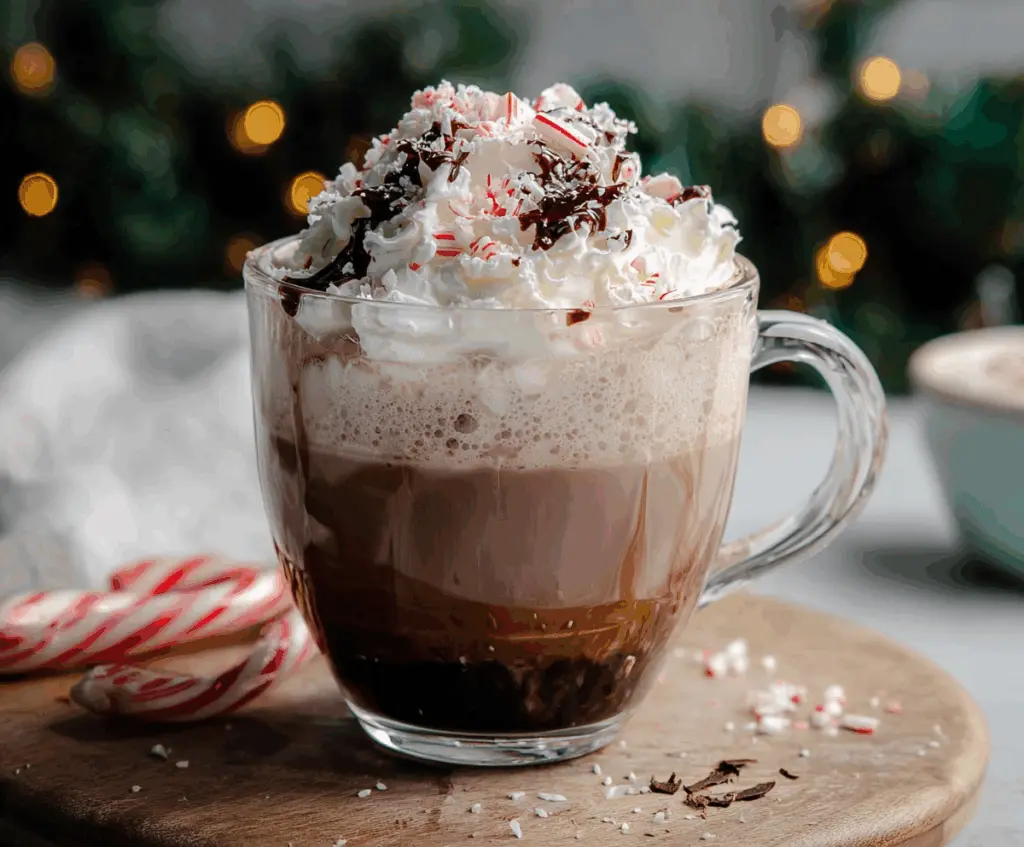 A steaming cup of peppermint mocha latte topped with whipped cream and peppermint candy, perfect for the holidays.