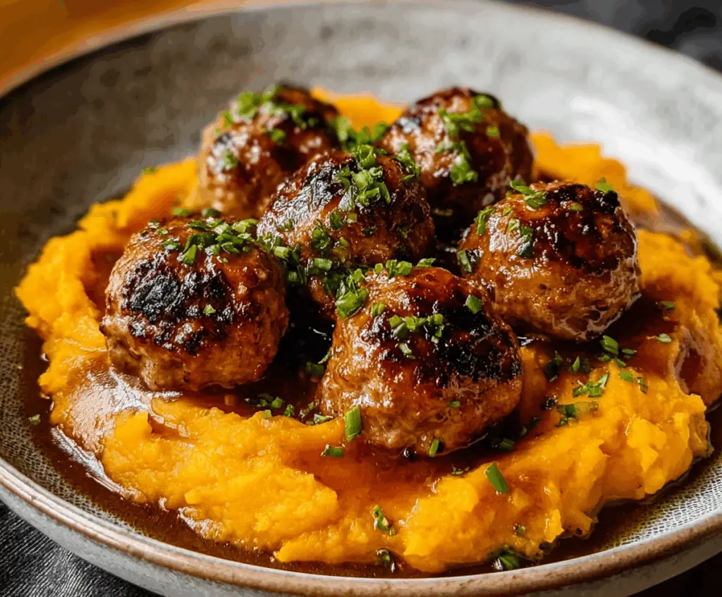 Delicious pork meatballs served with creamy sweet potato mash, a healthy and flavorful meal.