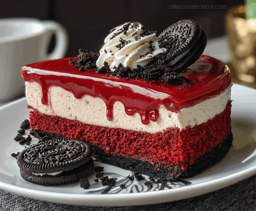 Creamy Red Velvet Oreo Cheesecake topped with crushed Oreos and vibrant red velvet crumbs.