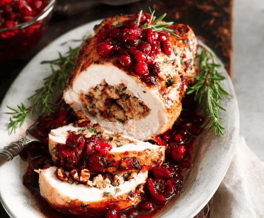 Delicious roast turkey breast served with cranberry and walnut stuffing on a festive platter.
