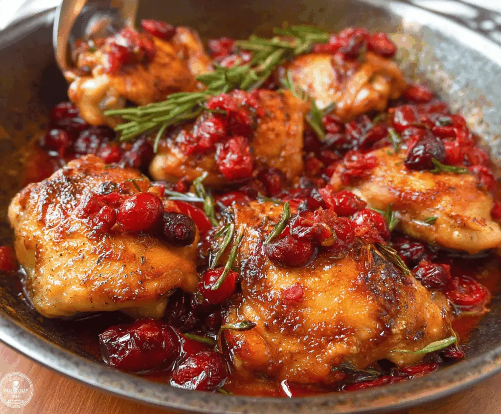 Juicy roasted cranberry chicken thighs served on a rustic plate, garnished with fresh herbs.