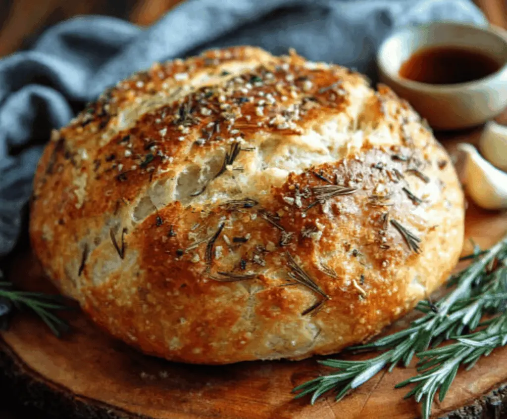 Freshly baked rustic no-knead rosemary garlic bread on a wooden cutting board, golden crust with fragrant herbs.