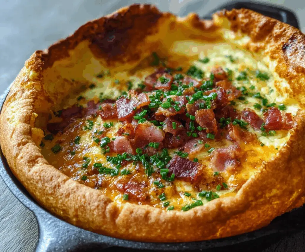 Savory Cheddar Bacon Dutch Baby in a skillet topped with melted cheese and crispy bacon