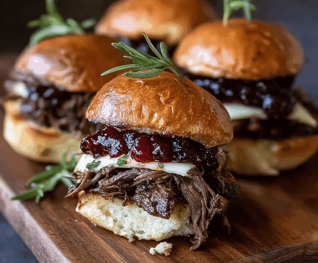 Delicious short rib sliders topped with rich balsamic cranberry sauce, perfect for appetizers or parties.