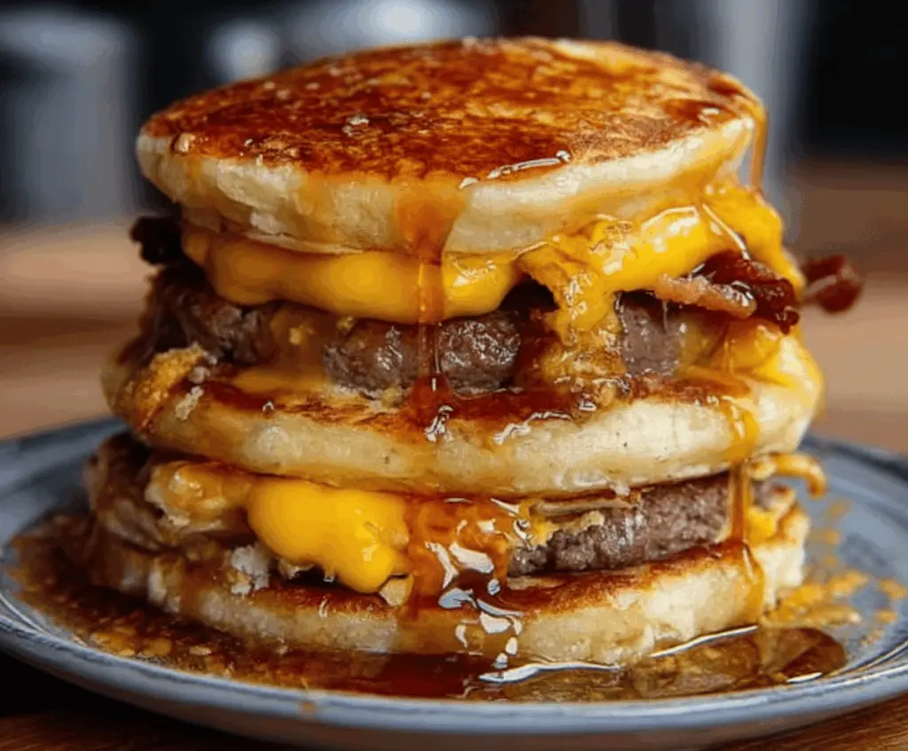 Delicious Smash Burger Pancakes with savory toppings and a unique twist for breakfast.