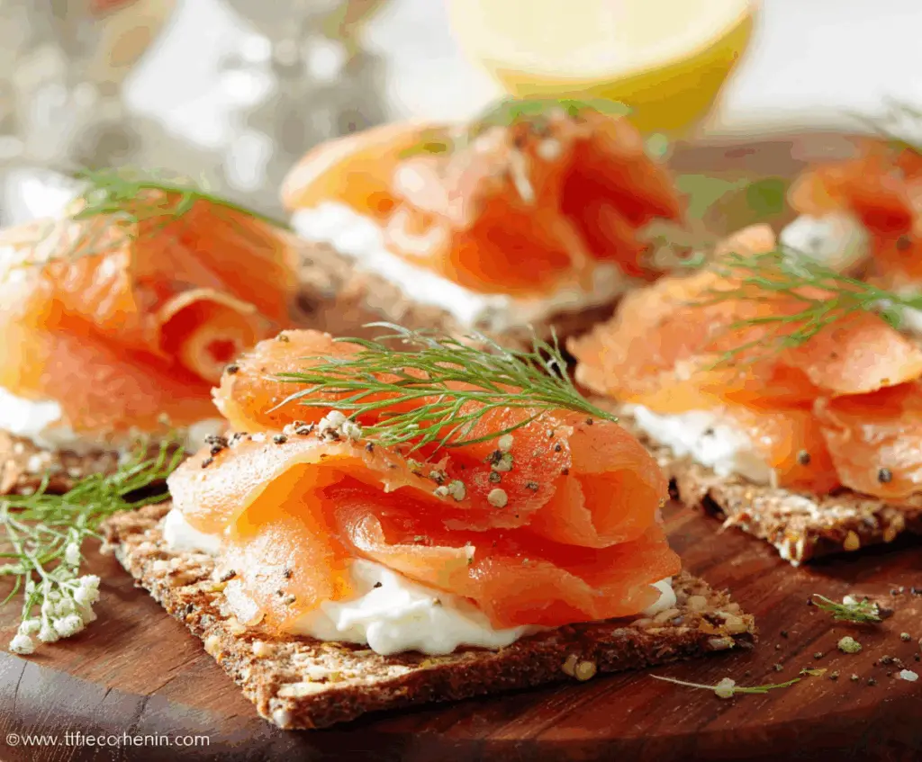 Delicious smoked salmon appetizer with fresh herbs and lemon slices on a elegant serving platter