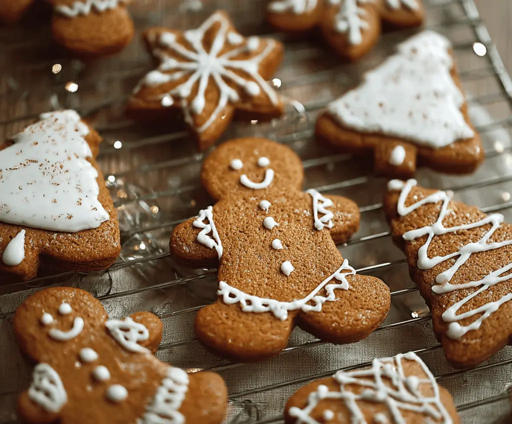 Delicious soft gingerbread cookies decorated with icing and sprinkles, perfect for any holiday celebration.