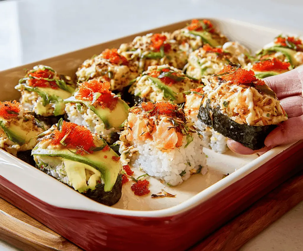 Delicious Sushi Bake recipe with layered seafood and creamy toppings in a baked casserole dish.