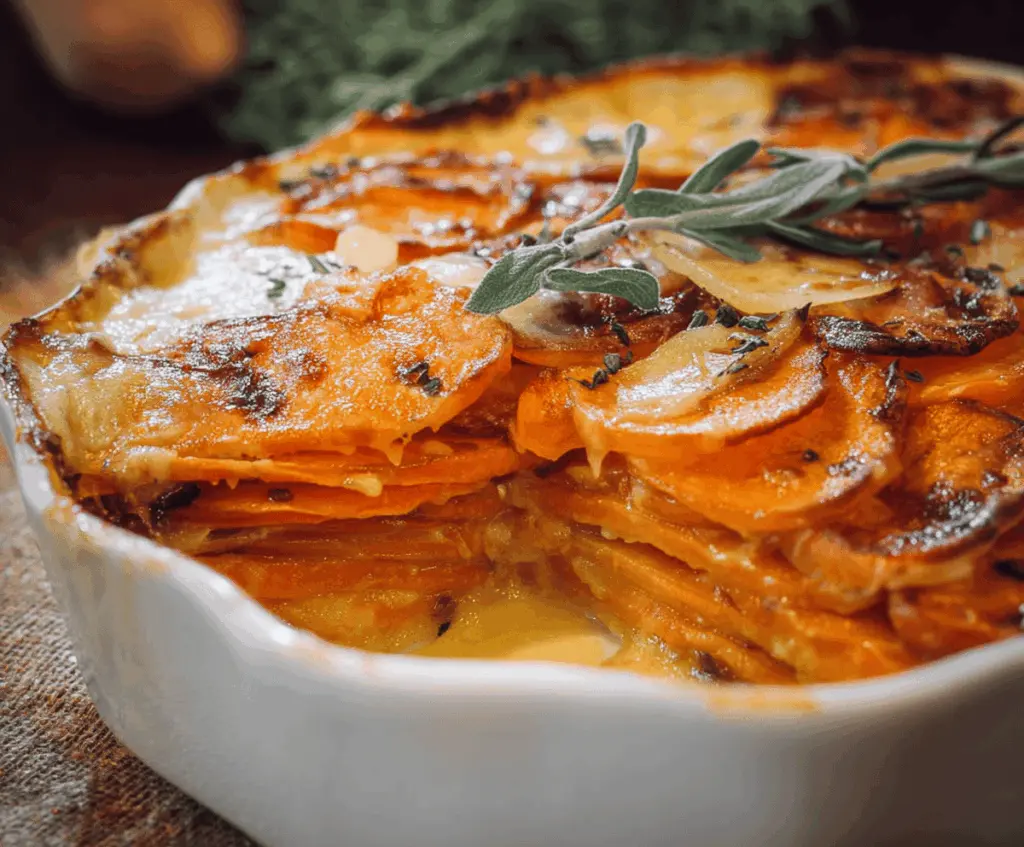 Creamy sweet potato gratin baked with golden cheese and herbs in a rustic dish.
