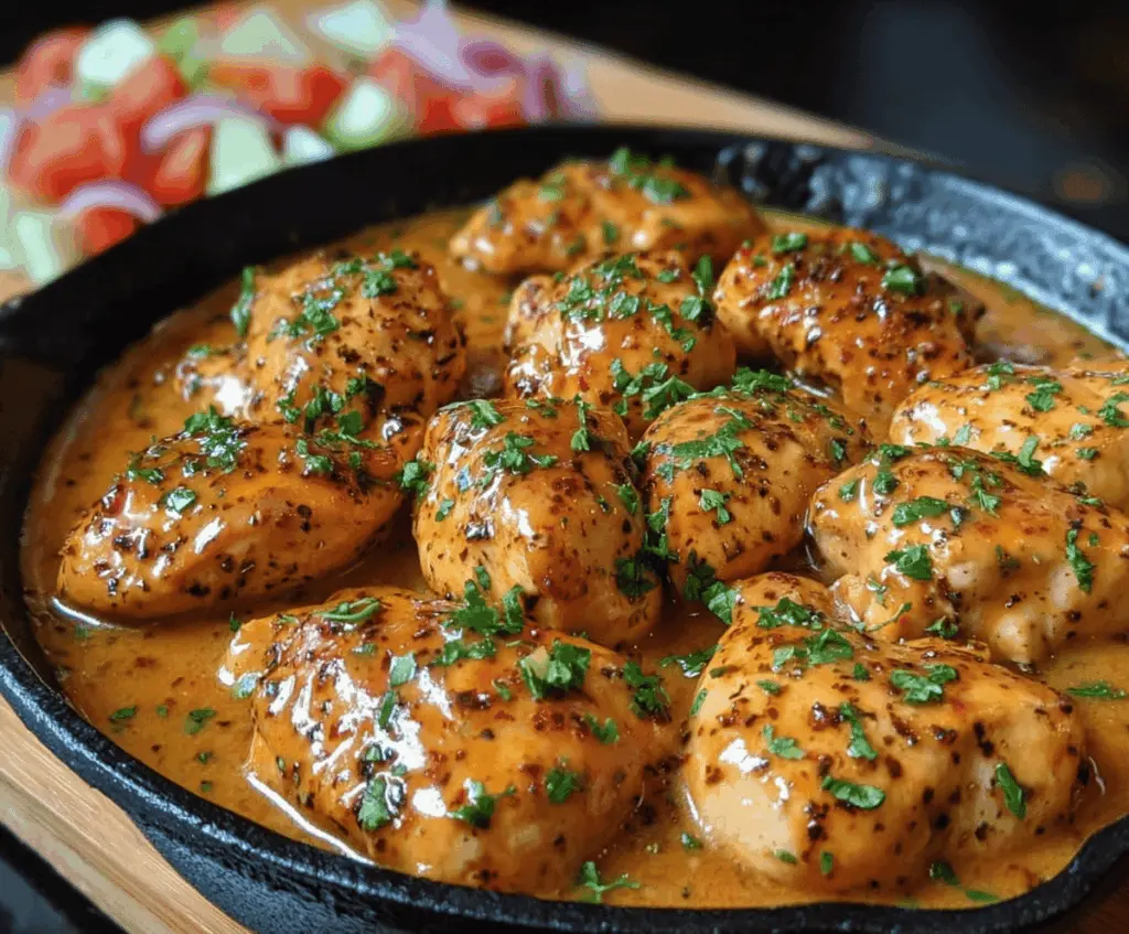 Delicious Texas Roadhouse Butter Chicken Skillet served with melted butter sauce and fresh herbs.