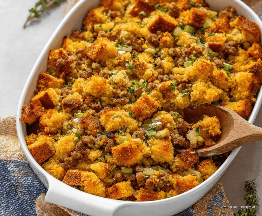 Delicious Cornbread Stuffing recipe with golden baked cornbread and flavorful herbs, perfect for holiday dinners.