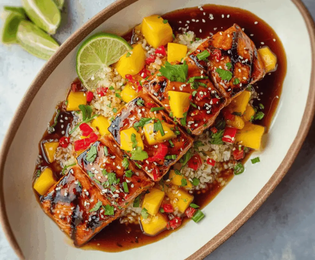 Delicious Mango Teriyaki Salmon served with fresh mango slices and steamed vegetables.