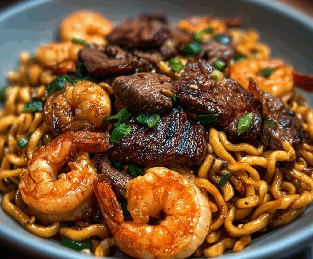 Delicious Surf and Turf Garlic Noodles with tender steak and succulent seafood on a plate.