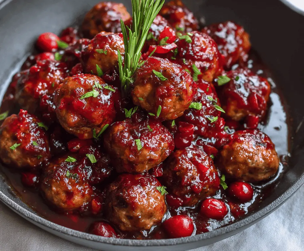 Delicious sweet and savory cranberry meatballs served on a white plate, perfect for holiday appetizers.