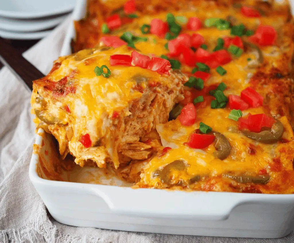 Delicious Tex-Mex chicken casserole topped with melted cheese and fresh herbs, perfect for a flavorful family dinner.