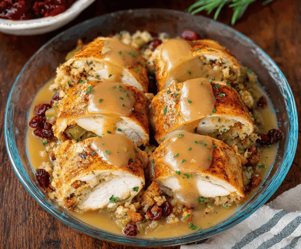 Delicious Turkey and Stuffing Roll Ups topped with creamy gravy on a festive plate.