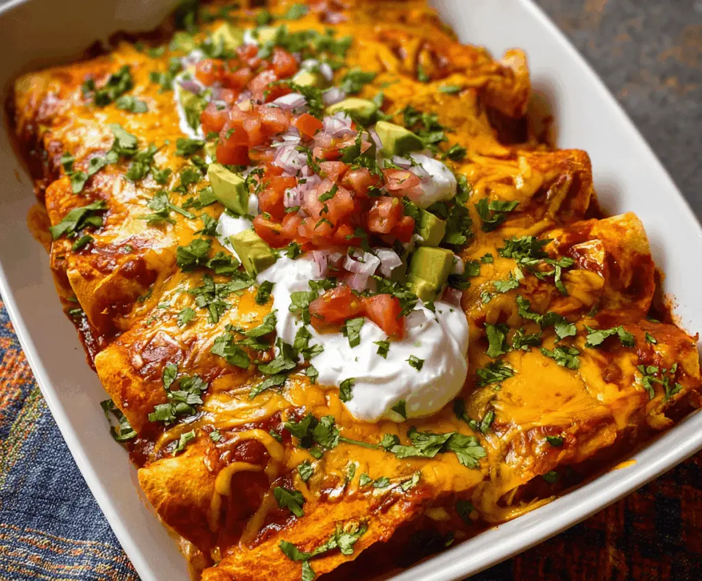 Delicious turkey enchiladas layered with cheese and savory sauce on a white plate.