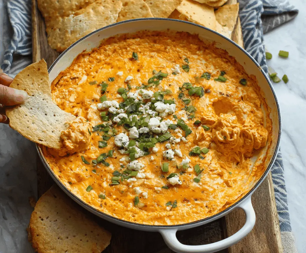 Creamy ultimate buffalo chicken dip served with celery and carrot sticks, perfect for parties and game days.