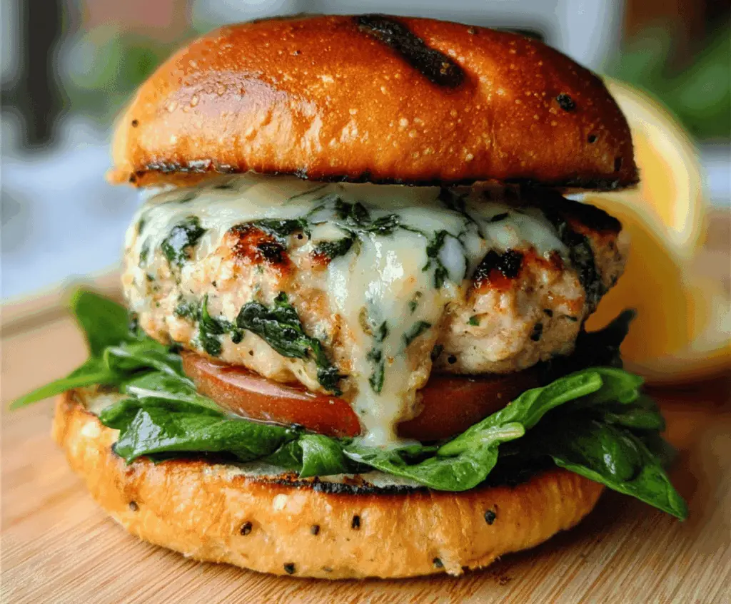 Homemade white cheddar and spinach chicken burger on a bun, garnished with fresh spinach leaves.