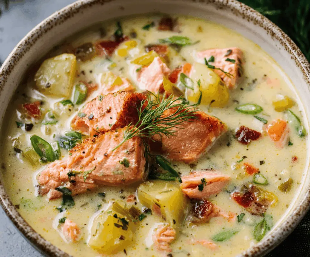 Delicious wild salmon chowder in a rustic bowl with fresh herbs and vegetables.