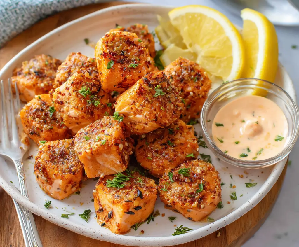 Delicious crispy Air Fryer Salmon Bites served on a plate, perfect for healthy snacking and quick dinners.