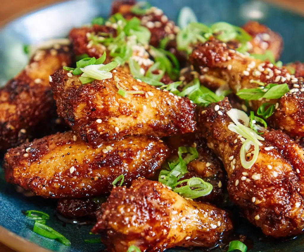 Crispy Air Fryer Teriyaki Chicken Wings glazed with shiny teriyaki sauce on a white plate.