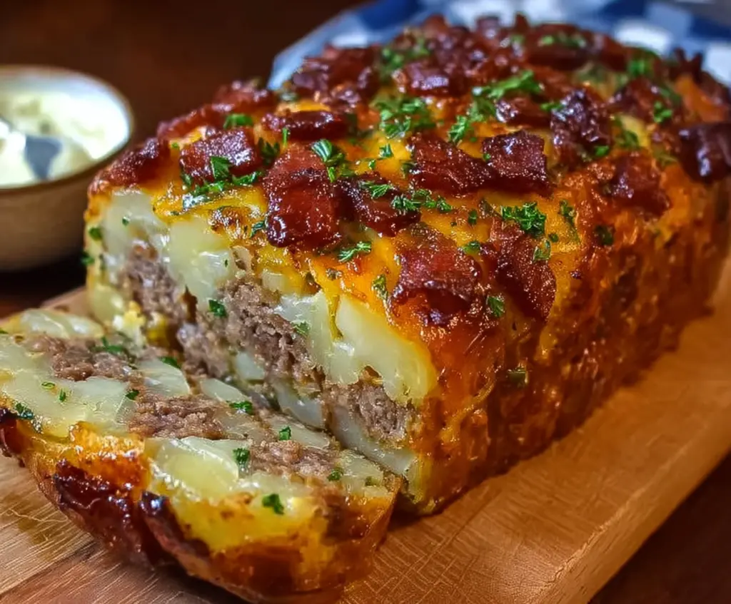 Delicious bacon and sausage-stuffed potato loaf fresh out of the oven, golden and crispy