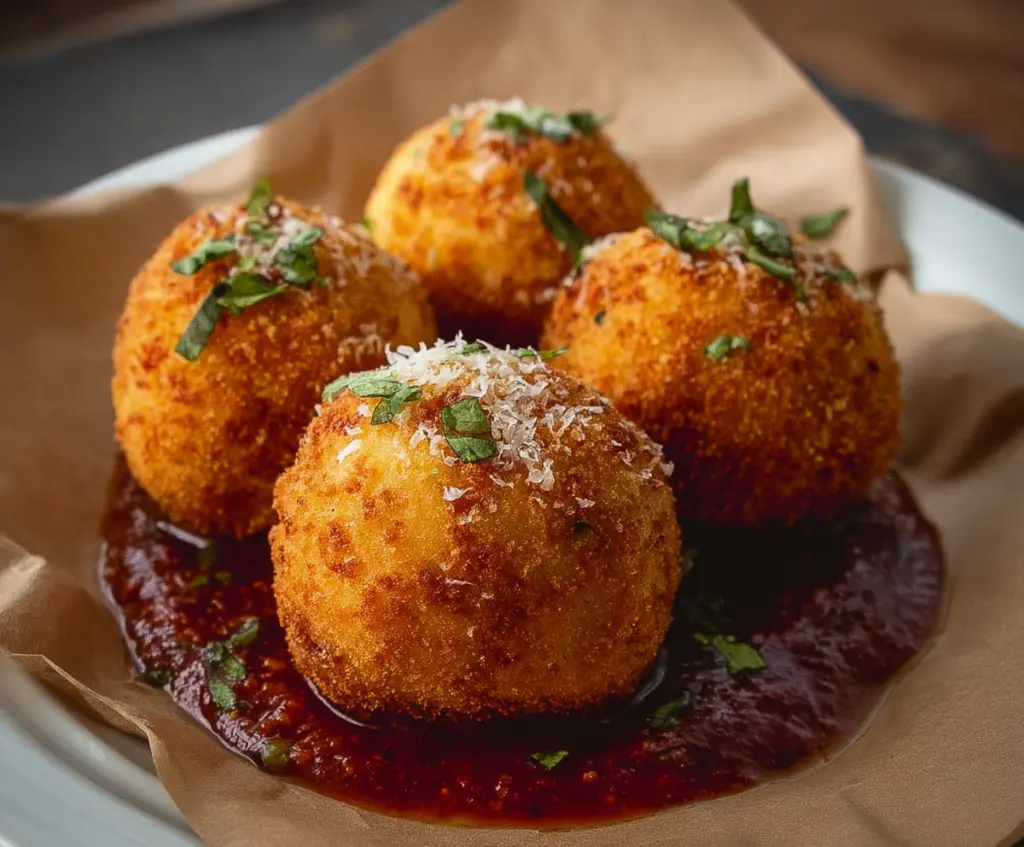 Golden baked arancini balls filled with cheesy risotto, crispy on the outside and tender inside, perfect for appetizer or snack.