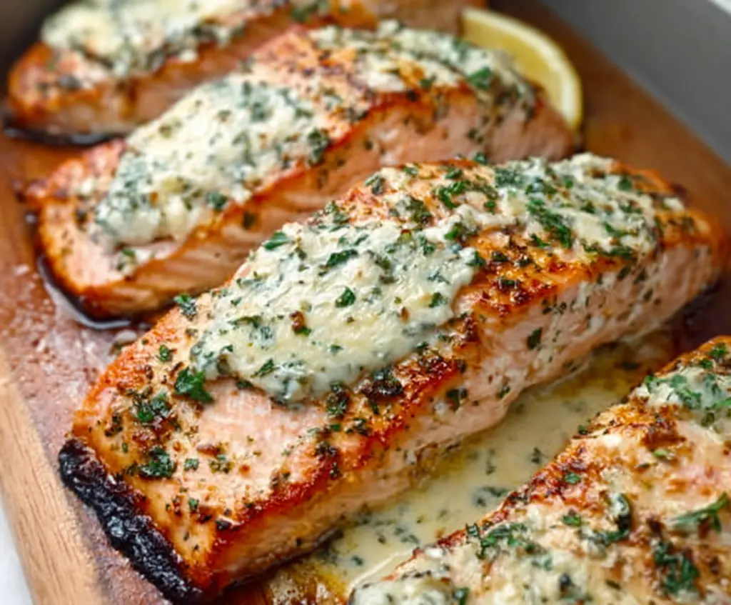 Delicious baked Boursin salmon fillet garnished with fresh herbs on a white plate.