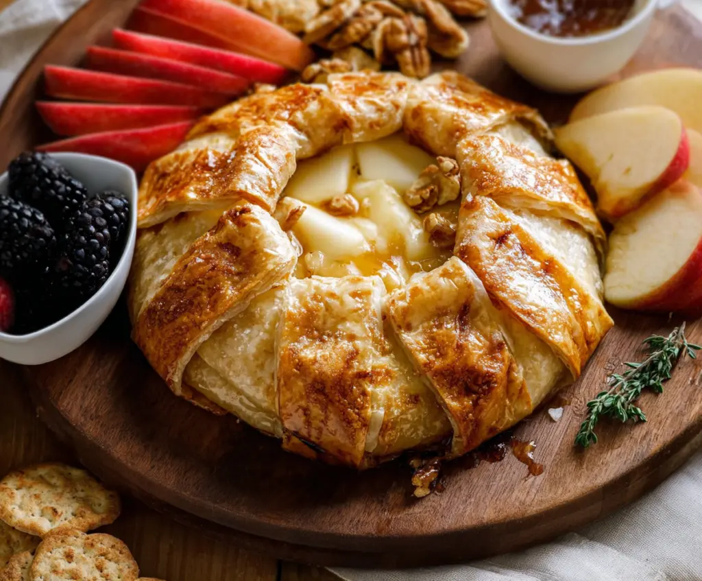 Delicious baked brie cheese wrapped in flaky puff pastry served as an appetizer.