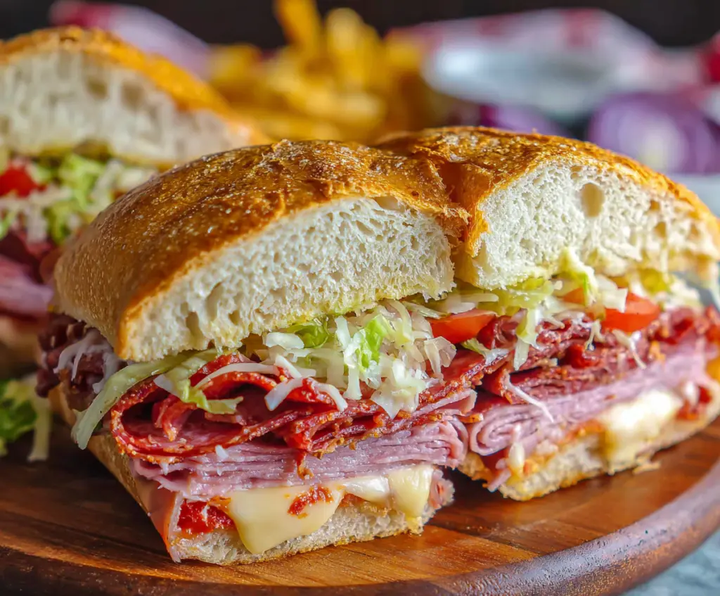 Delicious baked Italian grinder sandwich filled with meats, cheese, and fresh vegetables.