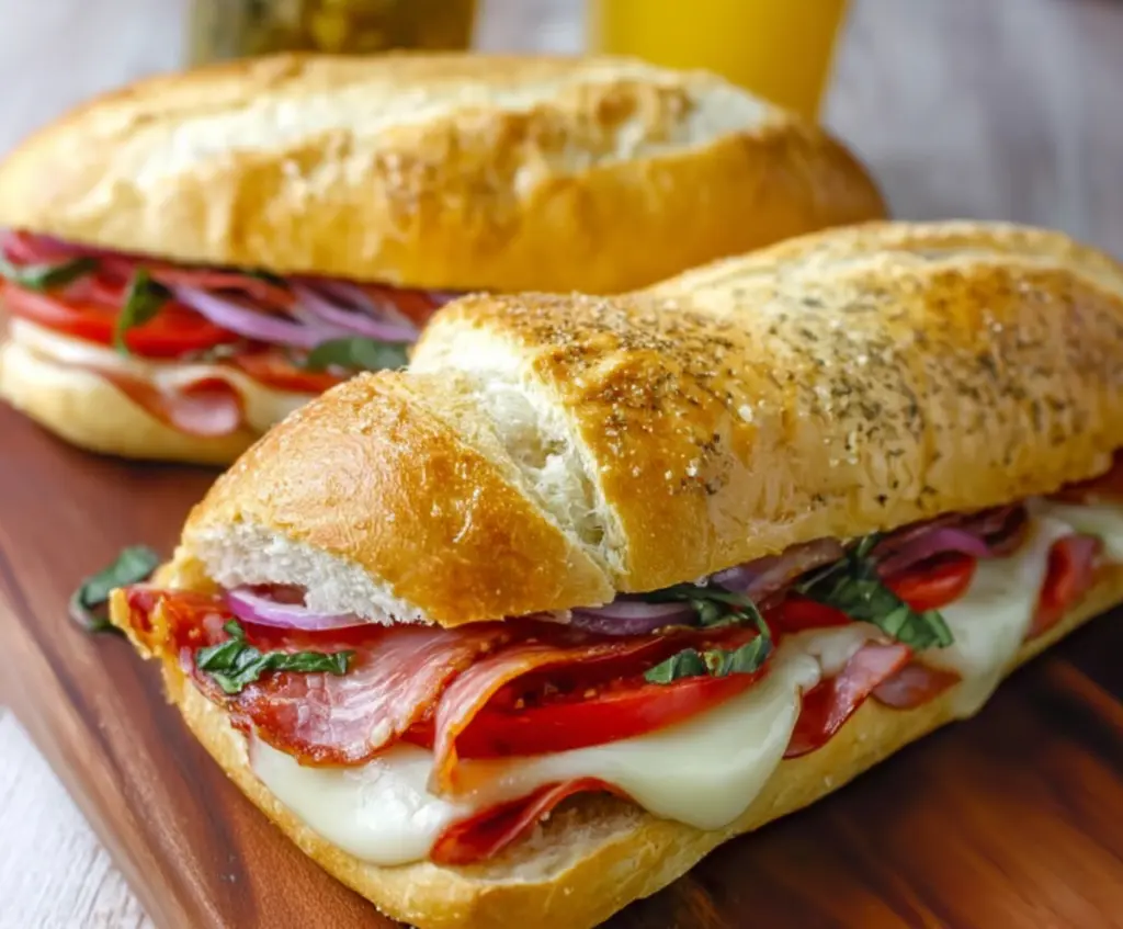 Delicious baked Italian sub sandwich with melted cheese, fresh vegetables, and savory meats.