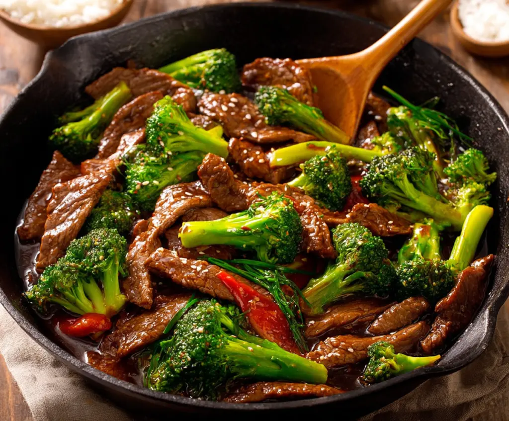 Delicious beef and broccoli stir fry with tender slices of beef and fresh broccoli florets in a savory sauce.