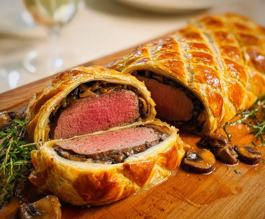 Golden Beef Wellington with flaky pastry and mushroom duxelles on a rustic wooden platter.