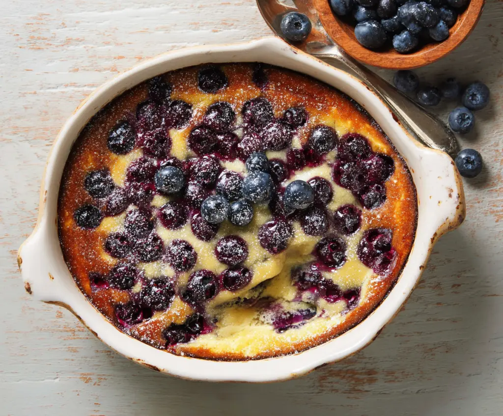 Beautiful blueberry-ginger clafoutis in a baking dish topped with fresh blueberries and ginger slices.