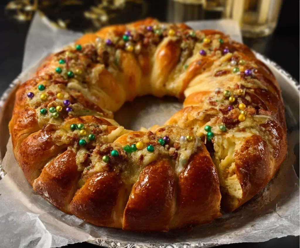 Delicious Boudin King Cake topped with colorful icing and festive sprinkles, perfect for Mardi Gras celebrations.